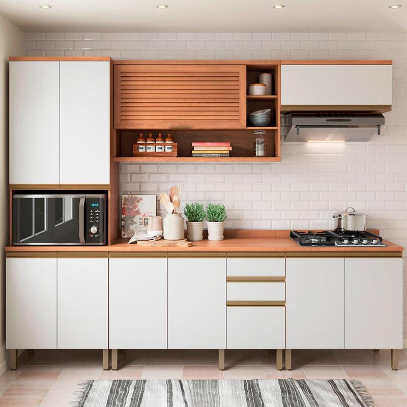 Cozinha Completa Macadâmia 10 Portas 3 Gavetas Freijó/Branco